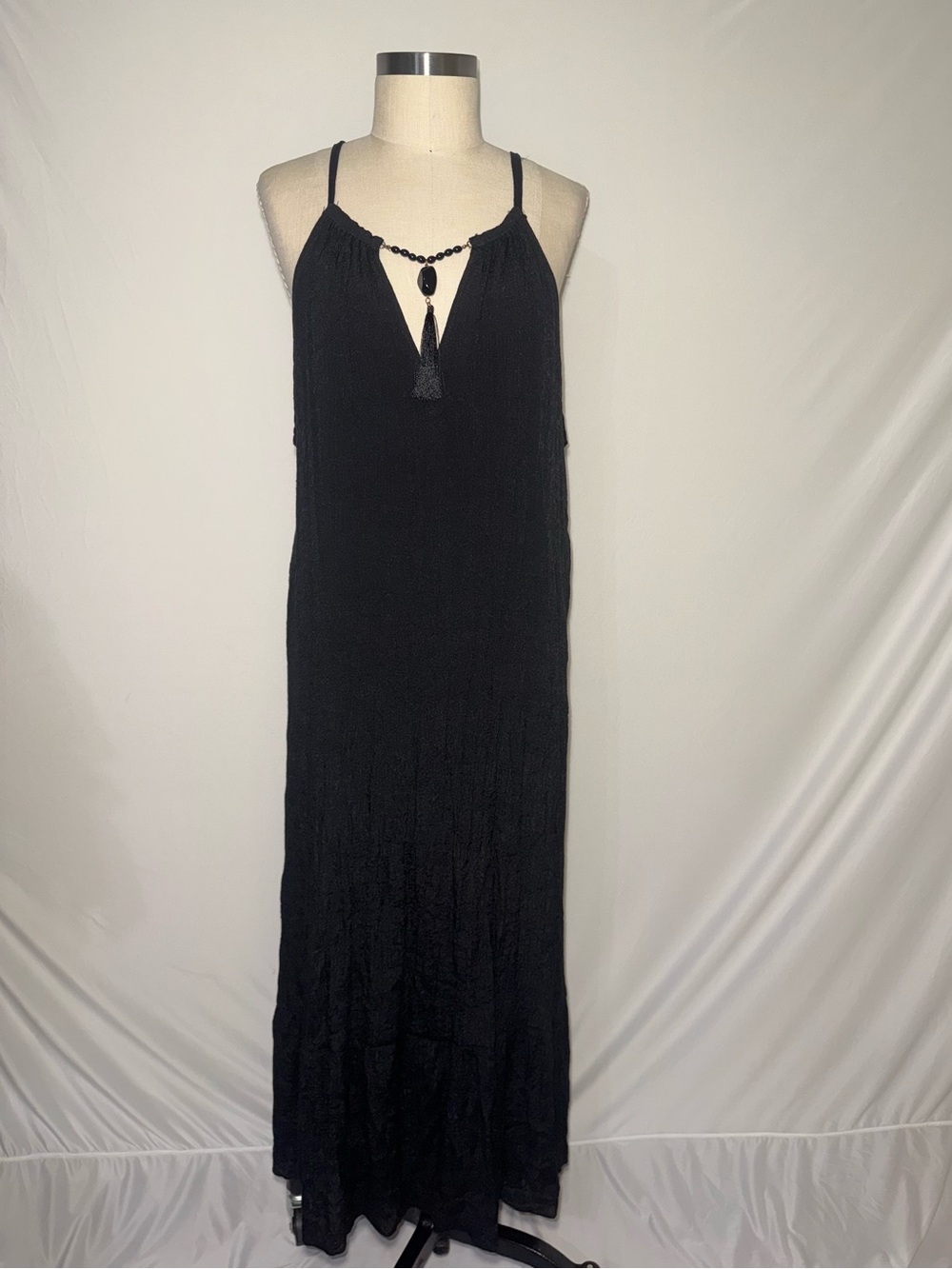 Mlle Gabrielle Black Dress 2X Beaded Tassel Sleeveless Lined Boho